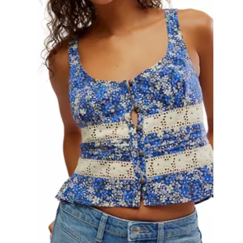 Free People Women’s Kiana Lace Tank Printed in Blue Combo Size S